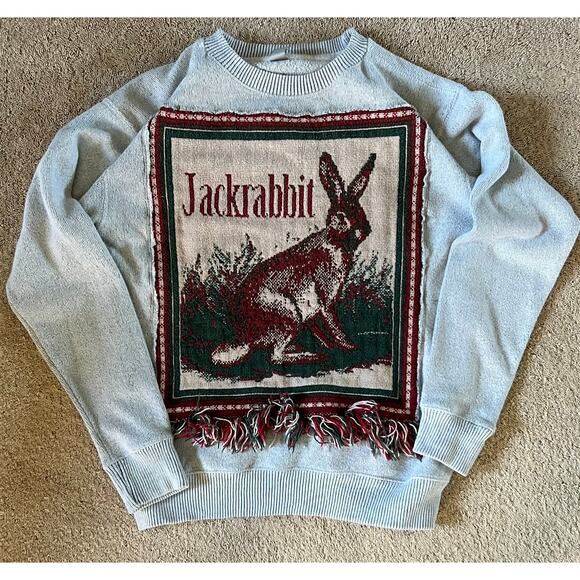 Jackrabbit tapestry crewneck, upcycled,  fringe accent sz Small - Picture 1 of 14